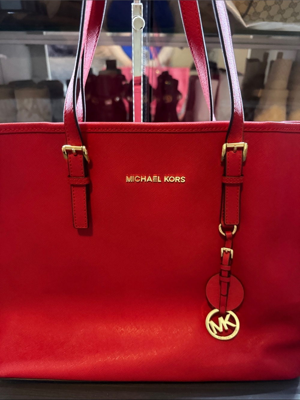 Michael Kors Bright Red Leather Tote with Gold MK Charm - Picture 3 of 16